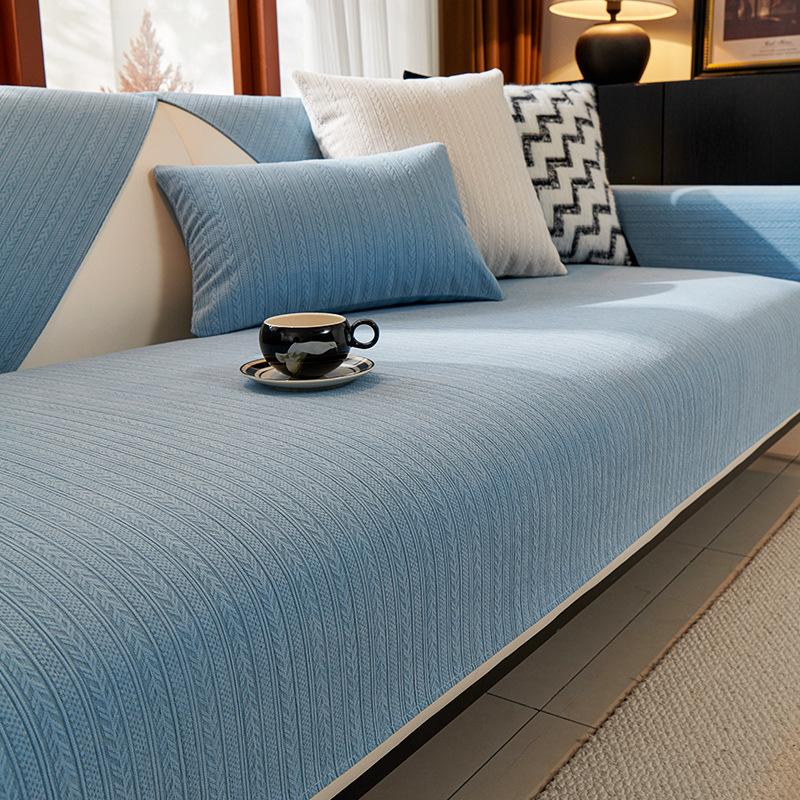 Four Seasons Universal Chenille Sofa Cover Sofa Pad Solid Color Striped Sofa Mat for Living Room Non-Slip L Shaped Couch Cushion