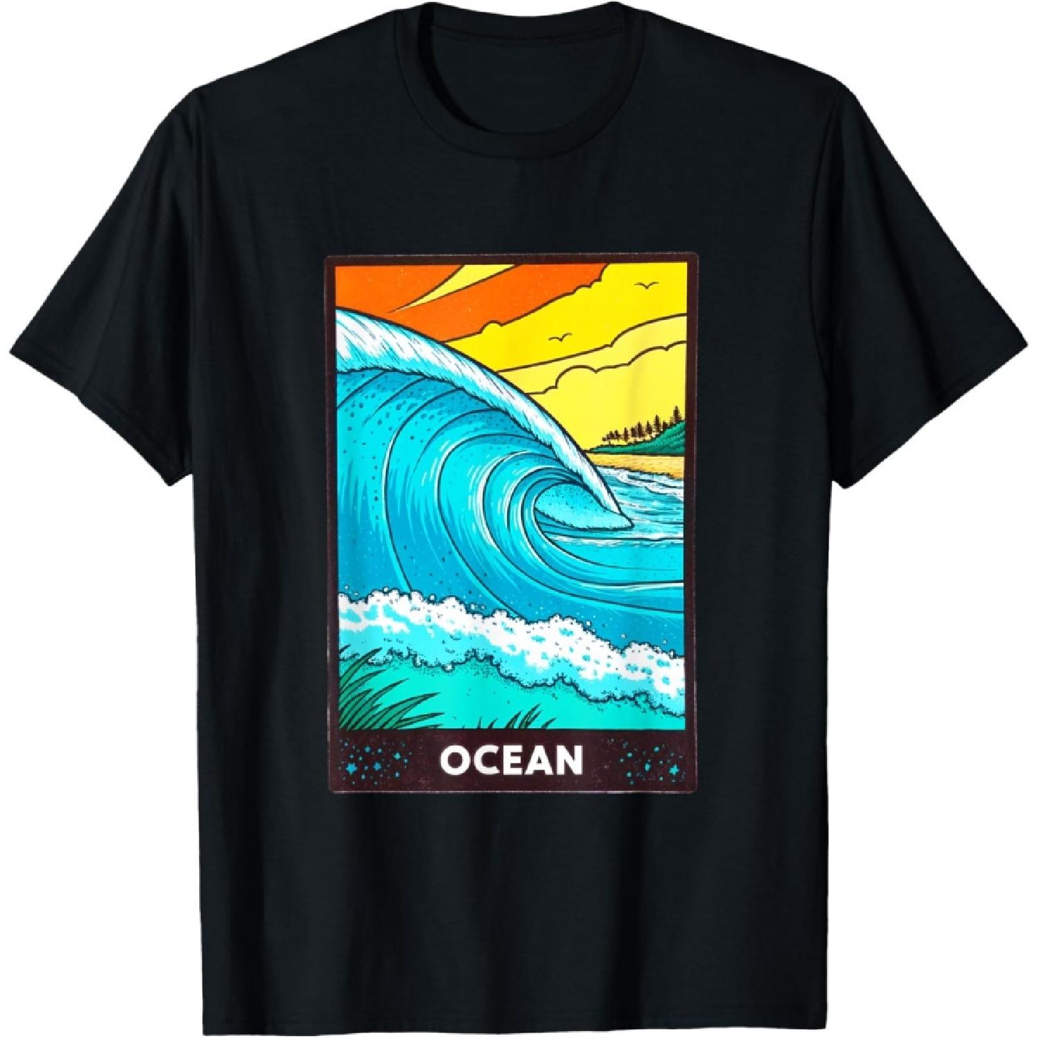 Vibrant Ocean Waves and Sunset Scene T-Shirt S