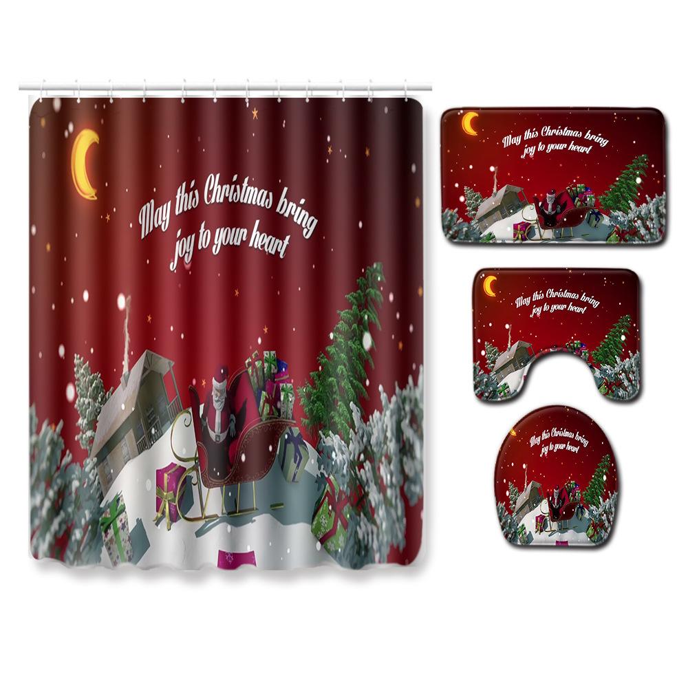 Christmas Bathroom Shower Curtain Toilet Floor Mat Four-Piece Bathroom Non-Slip Door Mat Kitchen Bedroom Absorbent Carpet