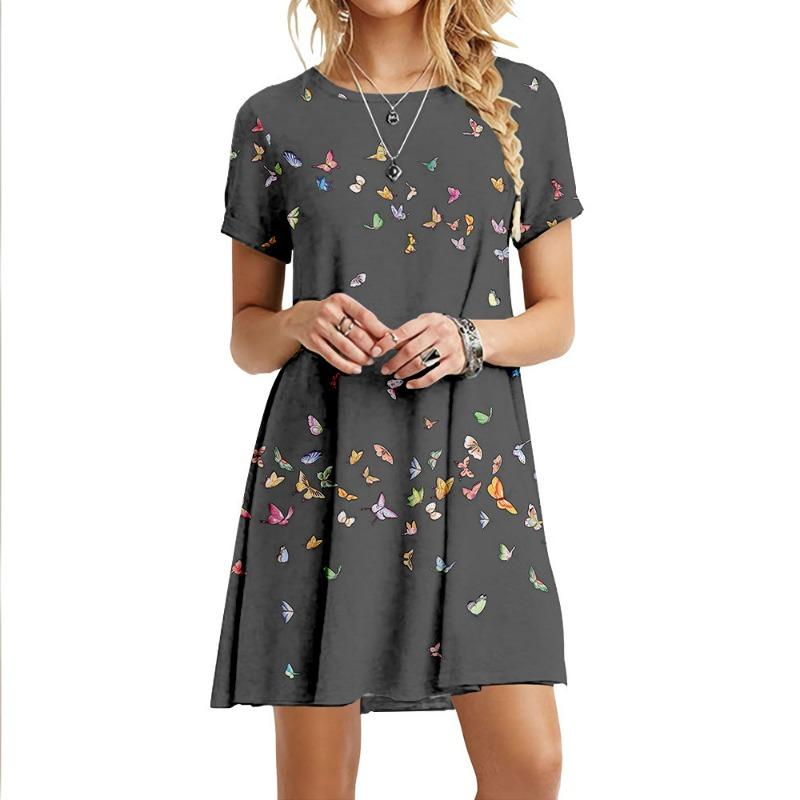 Sommer Schmetterling Kleider Damen Elegant Kurzarm 3D Druck Locker Kleid Vintage Lässig Rundhals Mini Übergröße Kleid