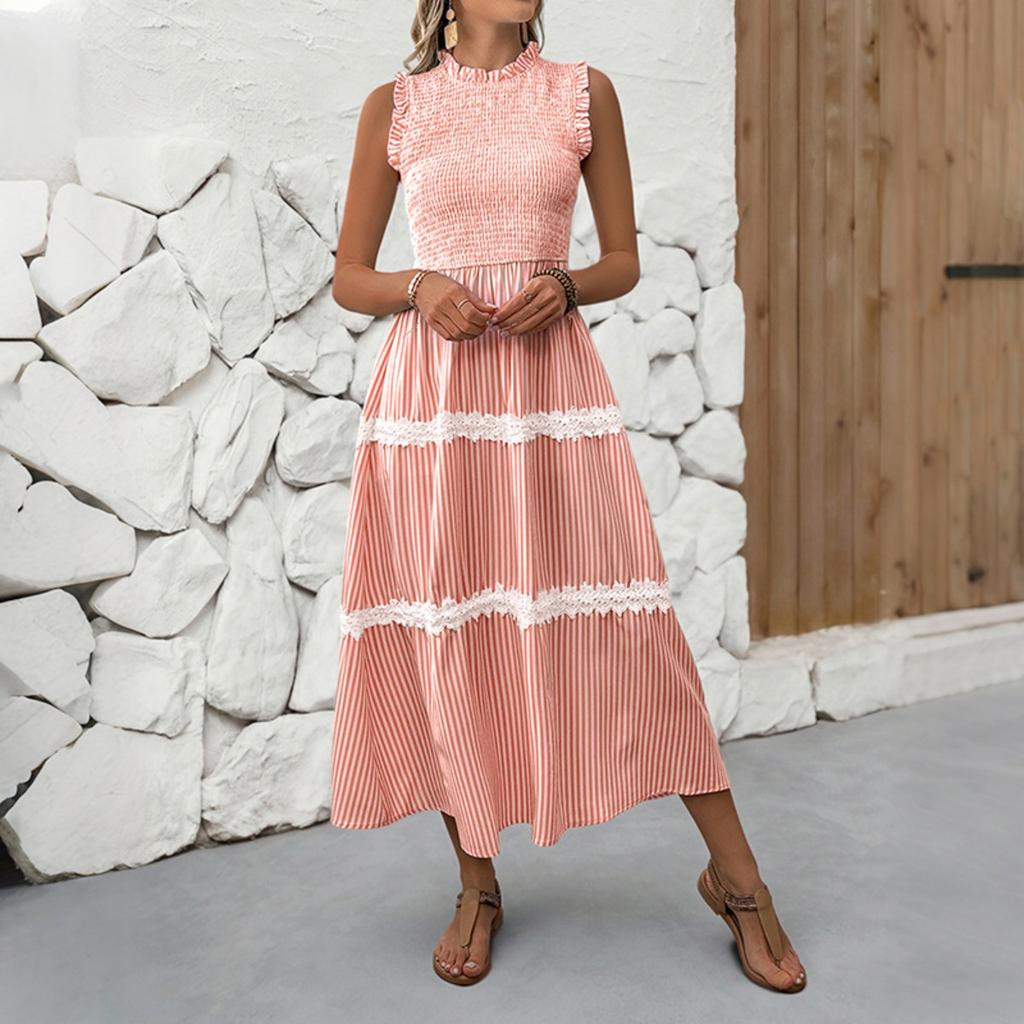 New Sweet Casual Lace Ruffled Trim Sleeveless Striped Summer Dress