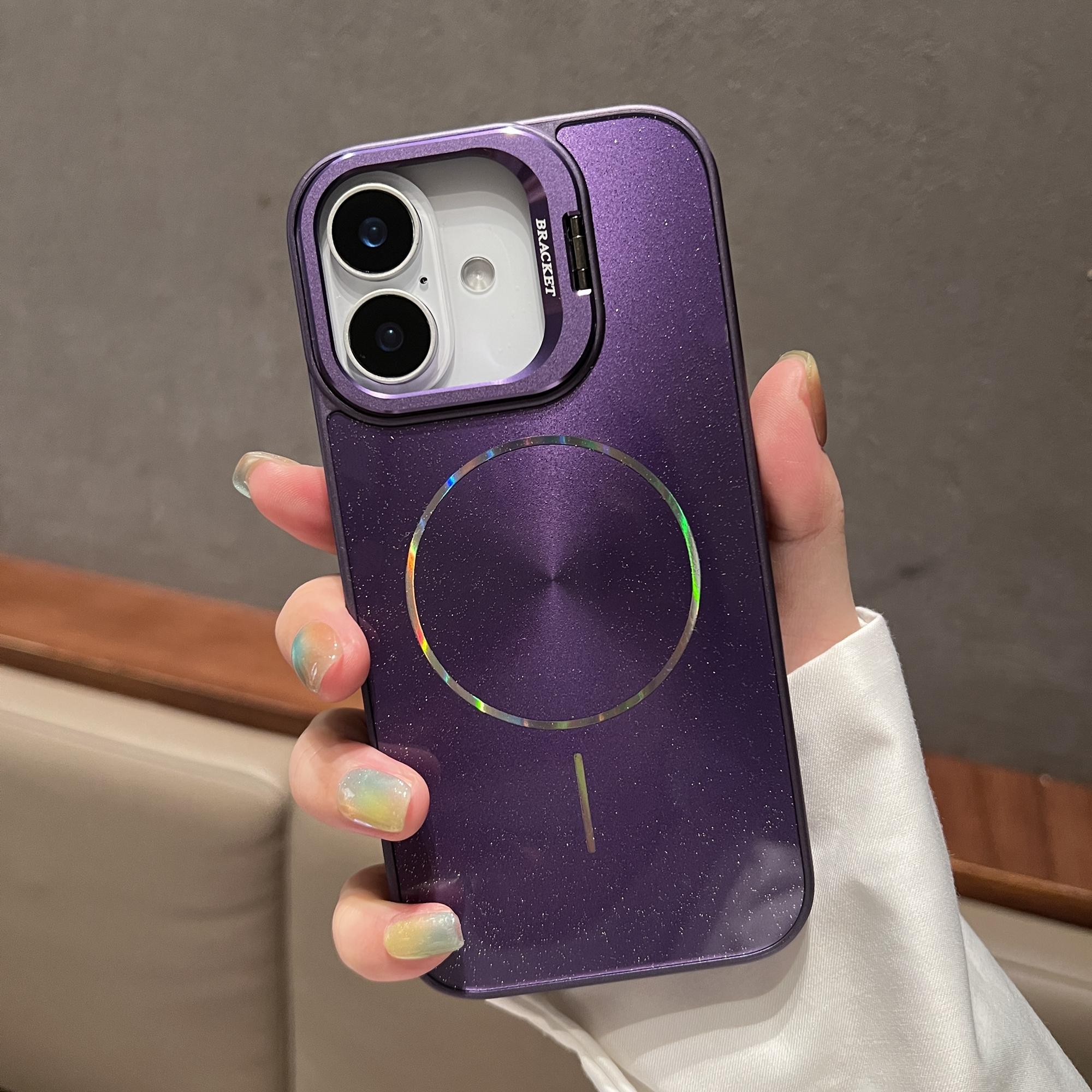 

For iPhone 16 Case Compatible with MagSafe Starry Glitter PC Phone Cover Case with Lens Frame Kickstand Purple