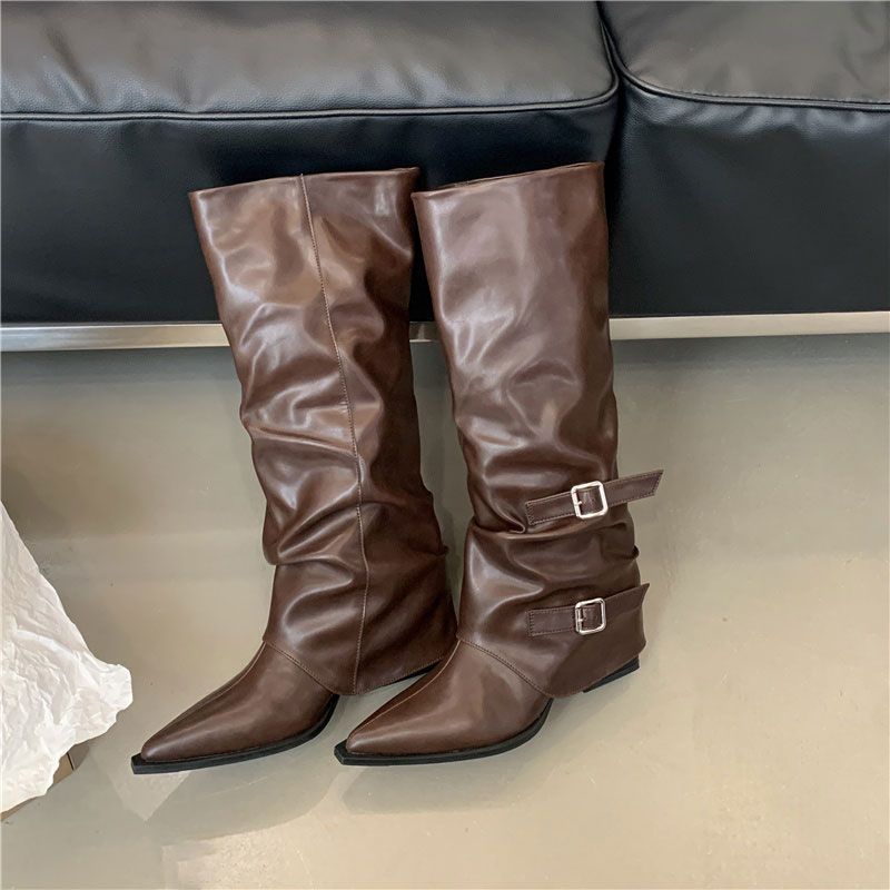 Pointed Buckle Pleated Pile Boots Women's Thick Heel 2025 Punk Style Knight Boots Fried Street Hot Girl High Heel Boots