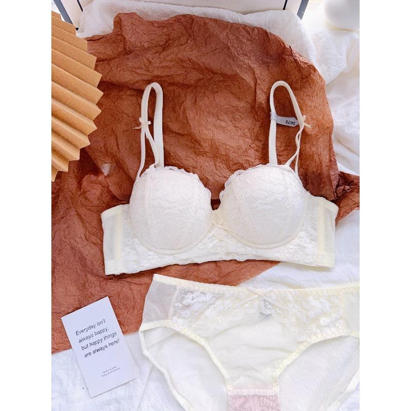 Ensemble Lingerie Dentelle Rose Française Sexy pour Femmes Soutien-gorge Push-Up Sans Armature Ajoute 2 Bonnets Soutien-gorge Push-Up Petit Buste Rassemblement Relevage Double Soutien