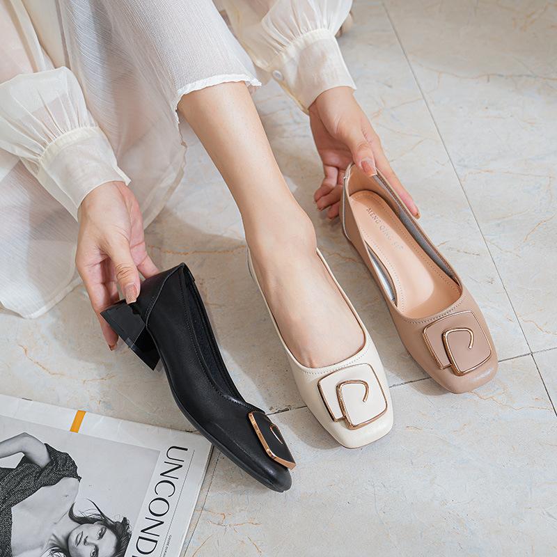 Fashion Elegant Ladies Office Dress Shoes Cow Leather Pumps Woman Medium High Heel Mary Janes Metal Button Loafers Femme Square Toe Shoe