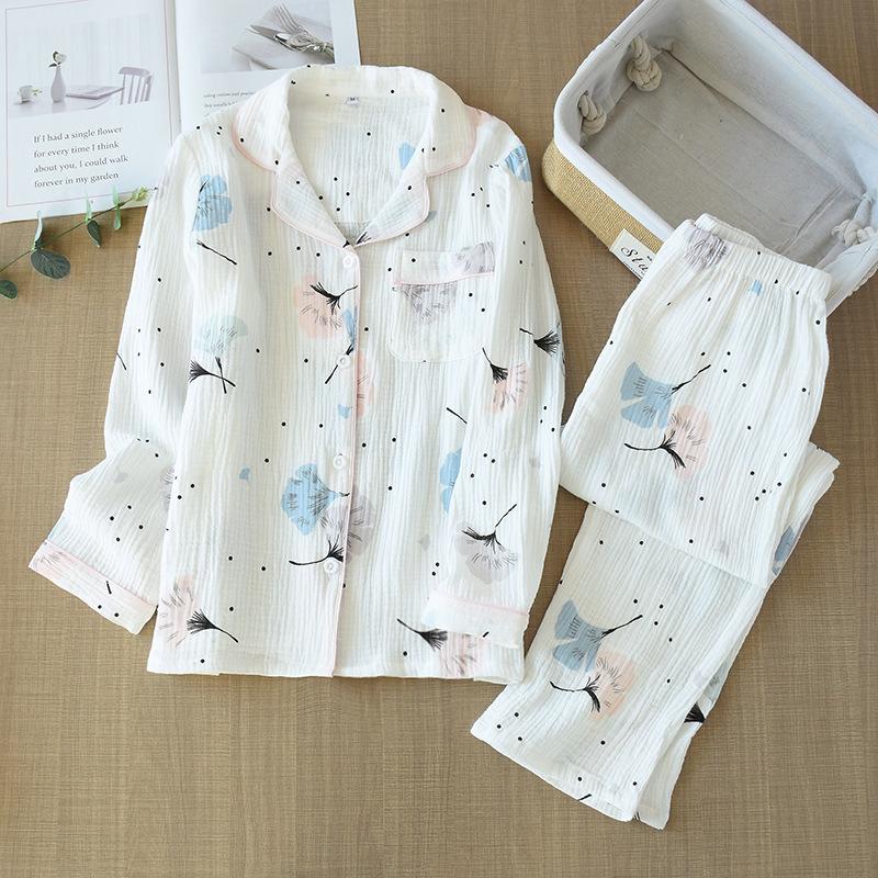 Spring New Ladies Pajamas Set Heart Printed Crepe Cotton Double-layer Gauze Turn-down Collar Long-sleeve Trousers Household Wear