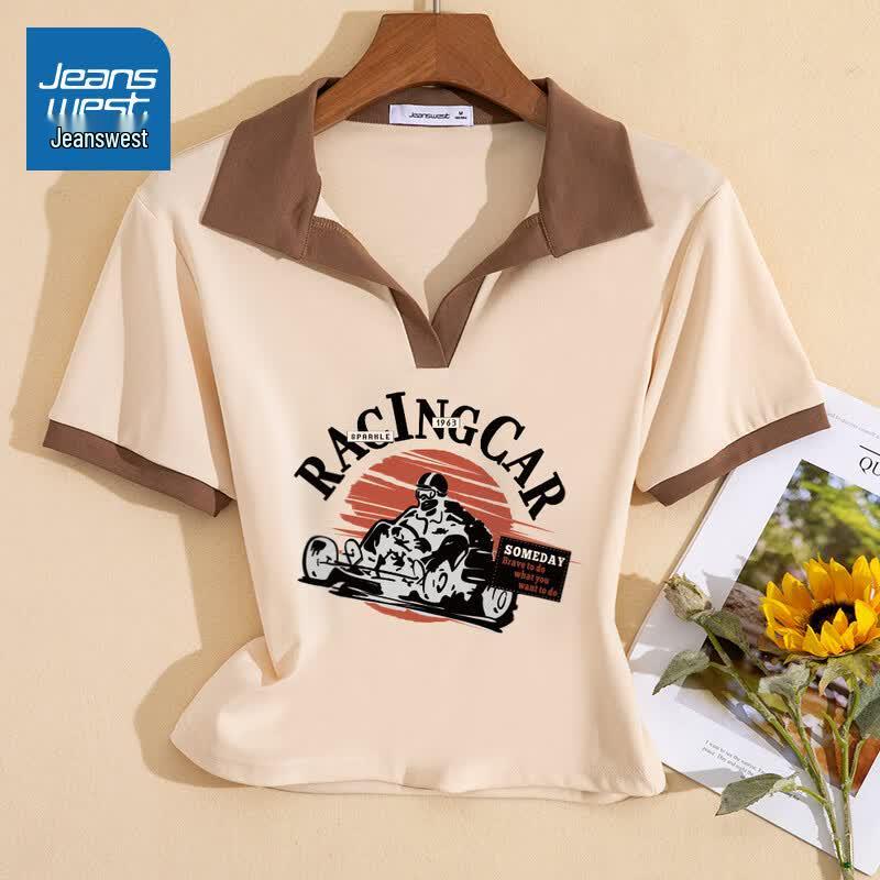 Jeanswest Women s Color-Block Lapel Short Sleeve Top XL