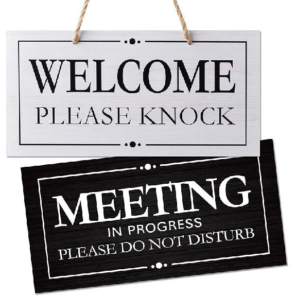 Double-Sided Office Door Hanger Sign, Acrylic Welcome Please Come In, Meeting In Progress Please Do Not Disturb, Red/Green and Wood Grain Options