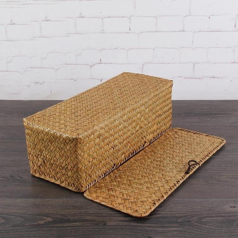 3 Grid Handmade Rattan Storage Box Straw Desktop Tea Set Storage Baskets with Cover Vintage Jewelry Storage Case for Decor
