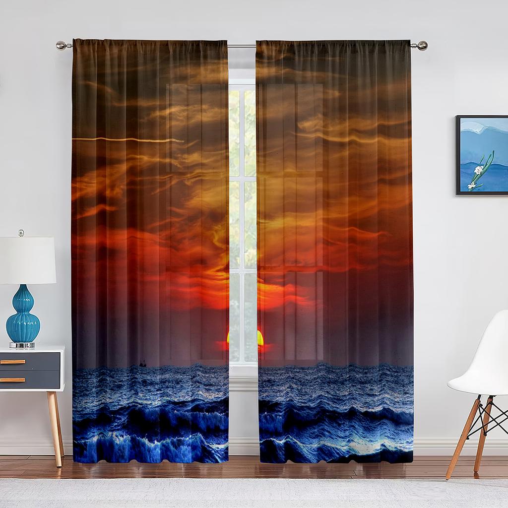 Beach Ocean Tropical Landscape Sheer Voile Curtain Hawaiian Sunset Sea Waves Tulle Curtain for Living Room Bedroom Kitchen Decor