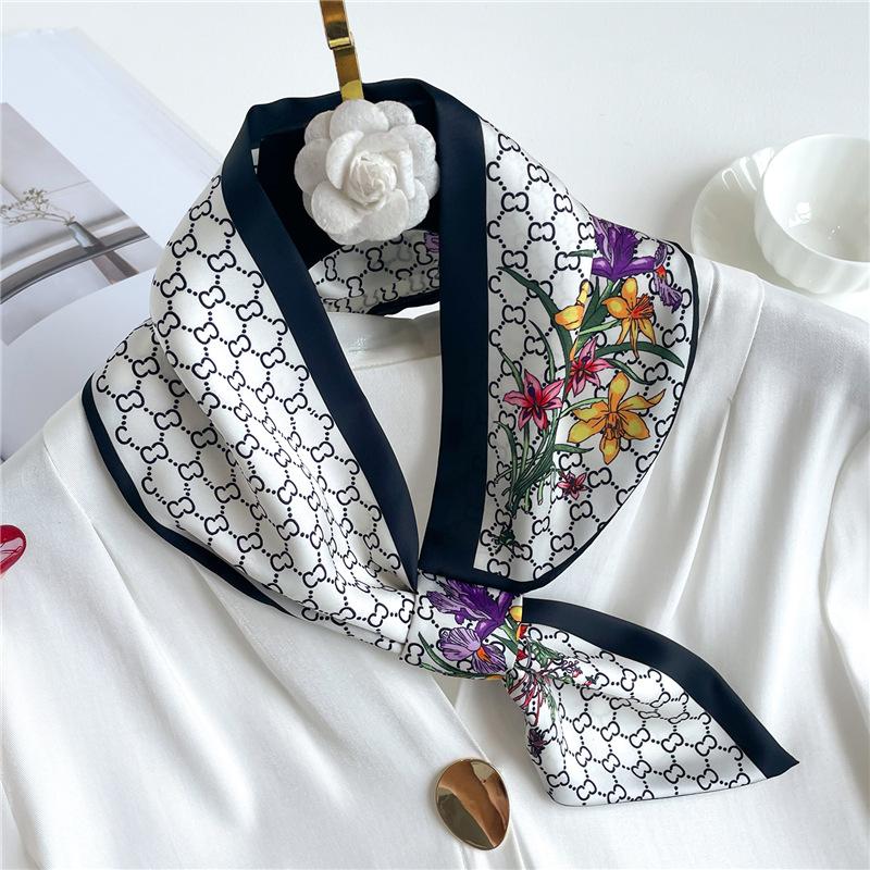 Fashion Silk Scarf Diagonal Long Silk Scarf Spring and Summer New Imitation Silk Stripe with Shirt Scarf Women's Scarf