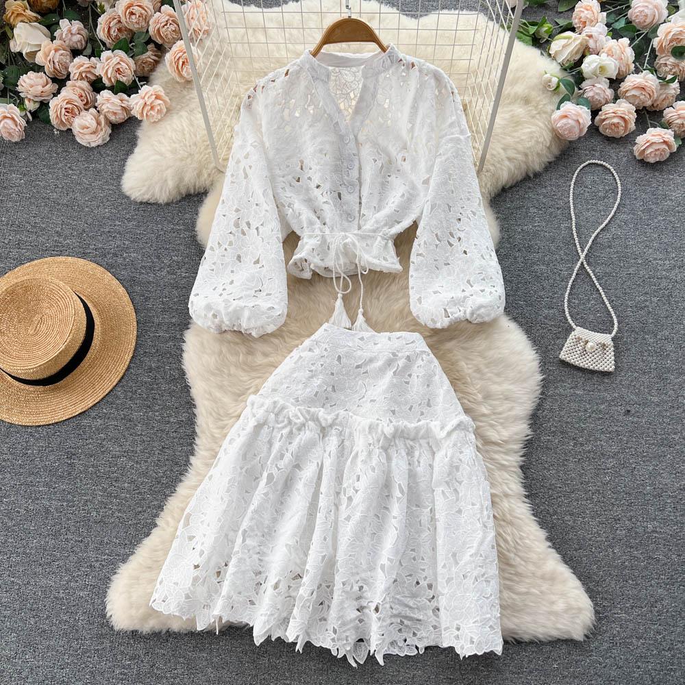 Zweiteiliger Anzug Damen Herbst Hohl Laternenärmel Hemd Hohl Rock