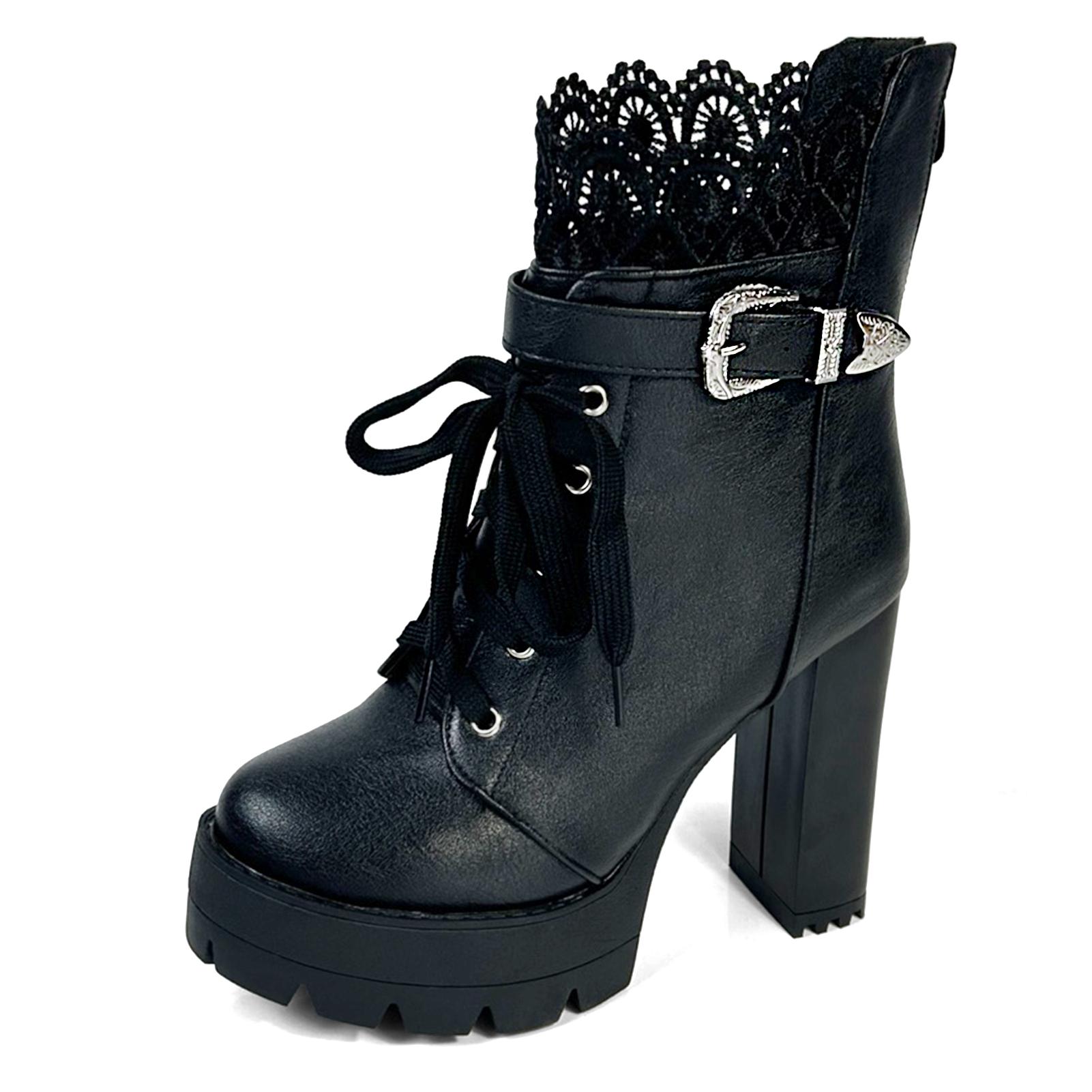 

FOREADA Женские ботильоны с круглым носком, на толстом высоком каблуке, на шнуровке, с пряжкой и молнией, на платформе, короткие ботинки, модная женская обувь, осень-зима 39 чёрный