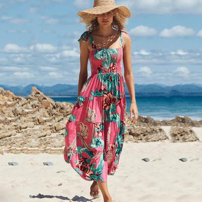 Floral Print Sling Long Dress for Women Square Neck High Waist Sleeveless Maxi Dress Summer Vacation Beach Long Dress Breathable Thin Soft Comfy Dress
