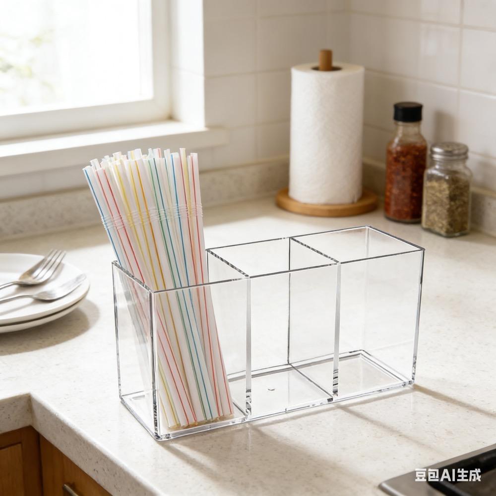 1pc Acrylic Straw Holder Box Kitchen Countertop Silverware Holder Plastic Storage Container for Spoon Fork Knife Utensils