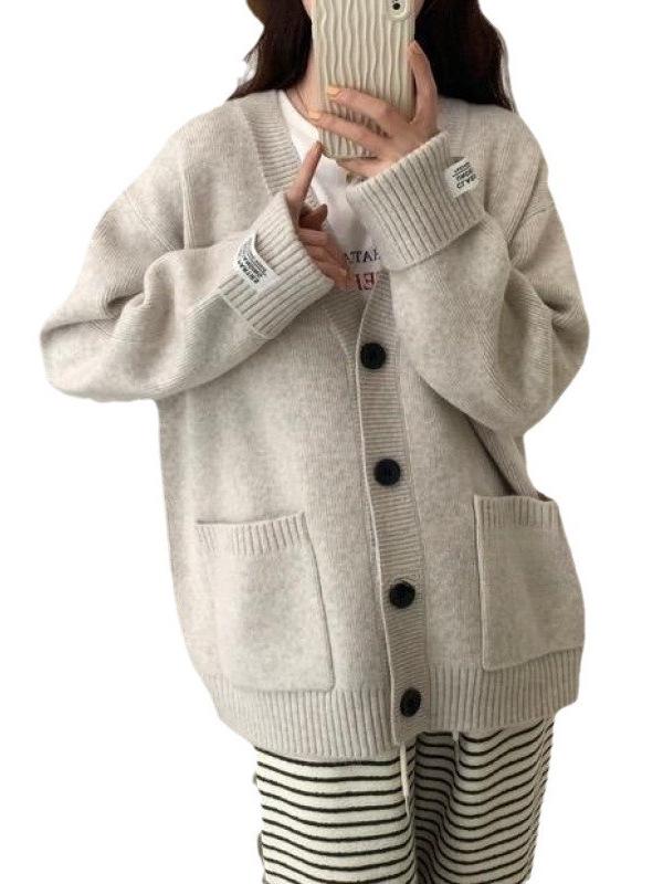 Oversized V-Neck Solid Color Cardigan - Autumn/Winter Korean Style, Versatile Slimming Sweater for Women