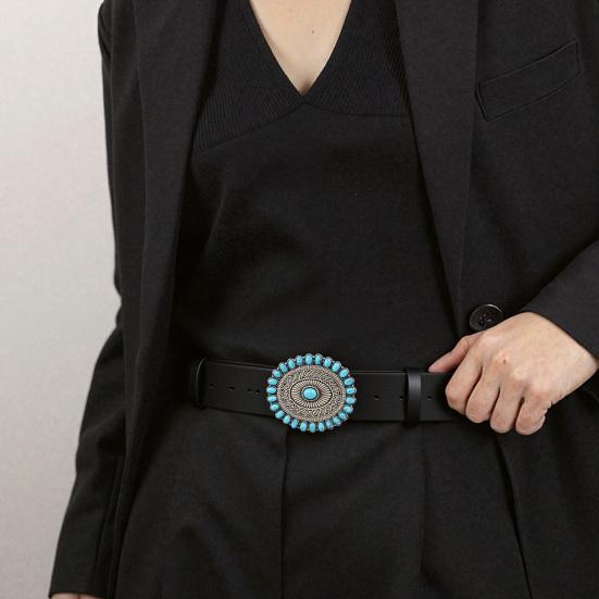 Western Belt Retro Turquoise Design Distressed Silver Buckle Faux Leather Wide Navajo Ethnic Style