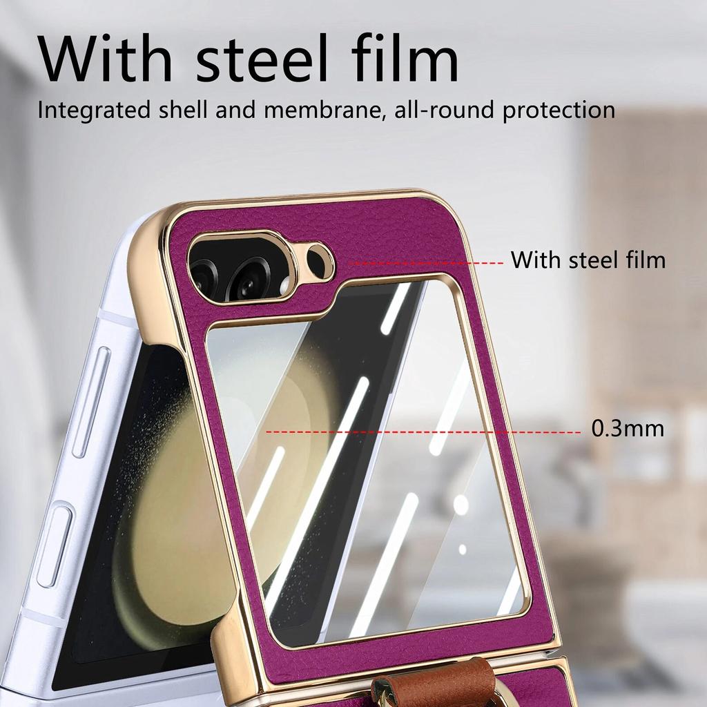 Anti-Knock Portable Bling Ring Case for Samsung Galaxy Z Flip 5 Flip4 Flip5 Flip 4 5G Leather Cell Phone Cover Glass Film
