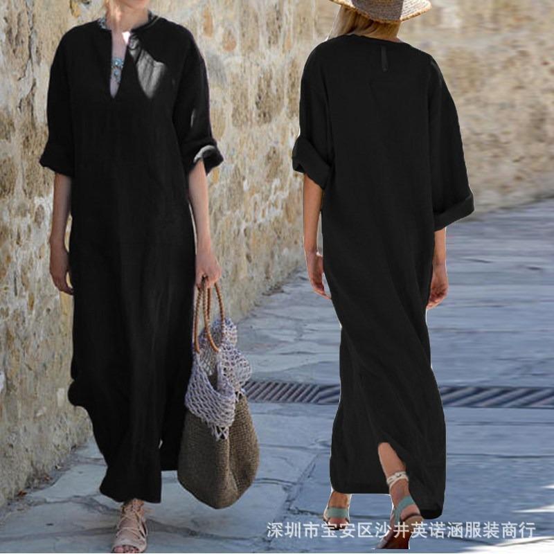 Women's V-Neck Large Size Medium Sleeve Long Skirt Wind Dress Commuter Irregular Skirt