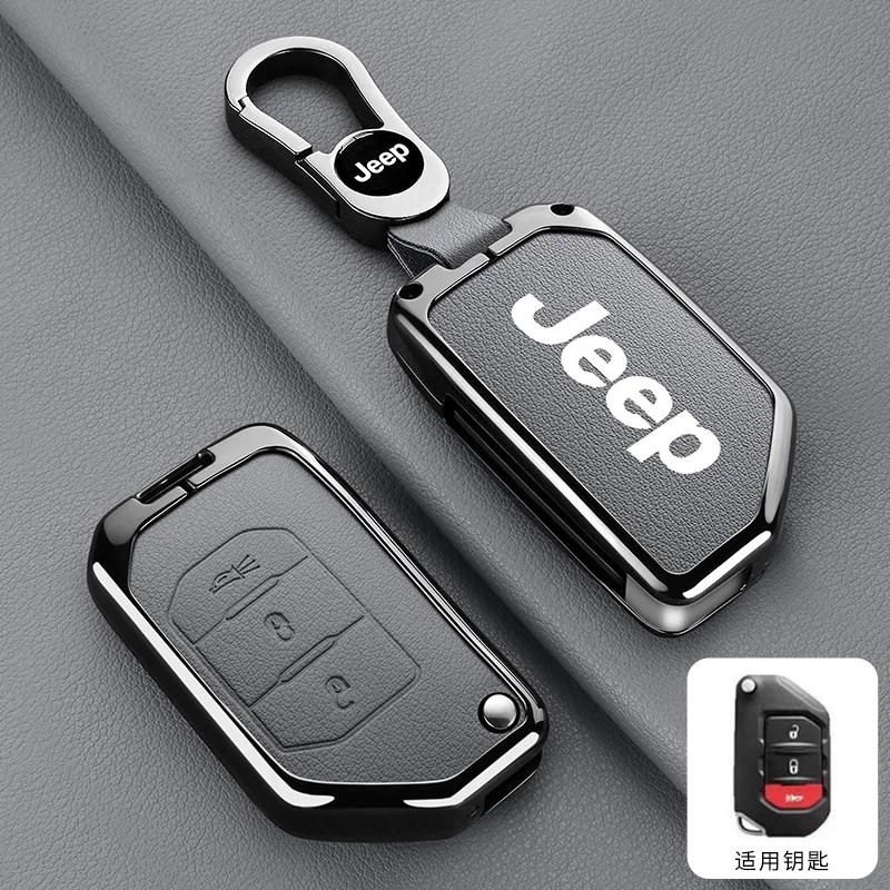 For Jeep Metal Leather Car Key Case Cover Shell Keychain for Jeep Wrangler Gladiator JL JLU Rubicon Sahara JLU JT 2018-2022 A