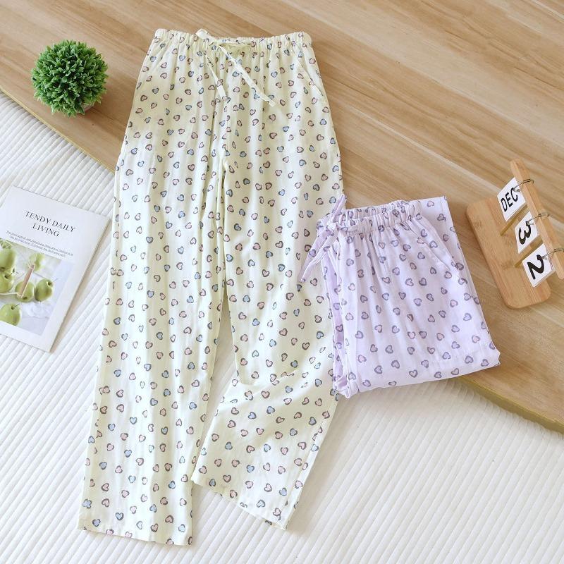 2026 New Women's Spring/Summer Sleeper Pants 100% Cotton Gauze Thin Style Simple Love Sweet Loose Home Pants