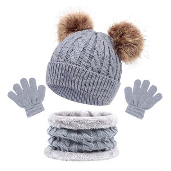 3Pcs/Set Children Hat Scarf Gloves Set Plush Ball Decor Twist Texture Solid Color Knitting Hat Long Scarf Gloves Set