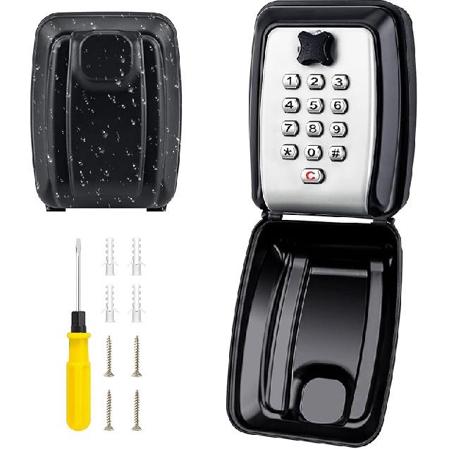 Key Lock Box for Outside, Key Safe Wall Mounted Outdoor Waterproof Extra Large Key Box 12-Digit Combination Key Storage Box with Weatherproof Cover