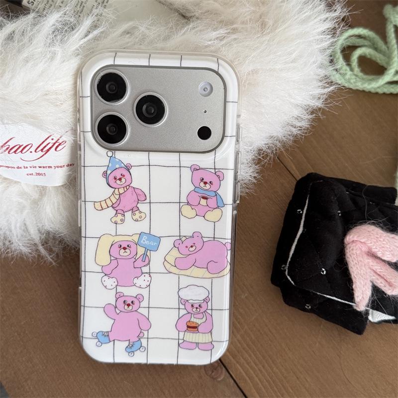 

Pink Plaid Bear Phone Case for iPhone 17, 16 Pro Max, 15, 14 - New Korean Style iPhone 16 Pro Max