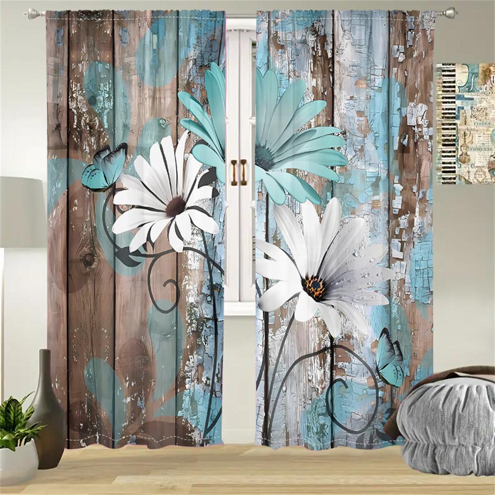 2Pcs Vintage Wooden Floral Curtains Mint Green White Daisy Butterfly Living Room Bedroom Window Decor Curtains Country Sty