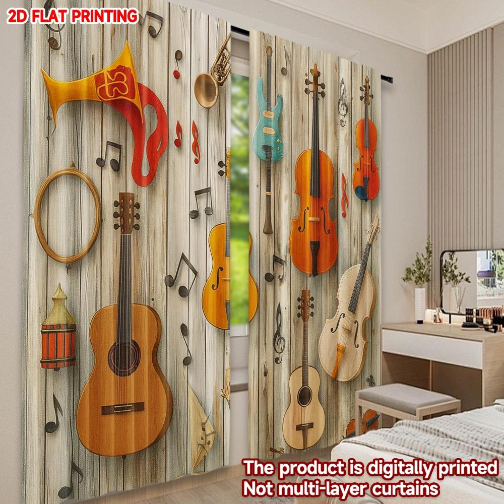 2D flat printing 2pcs Window Curtains Colorful Musical Instruments Display Digital Printed Polyester Drapes Birthday Party Use