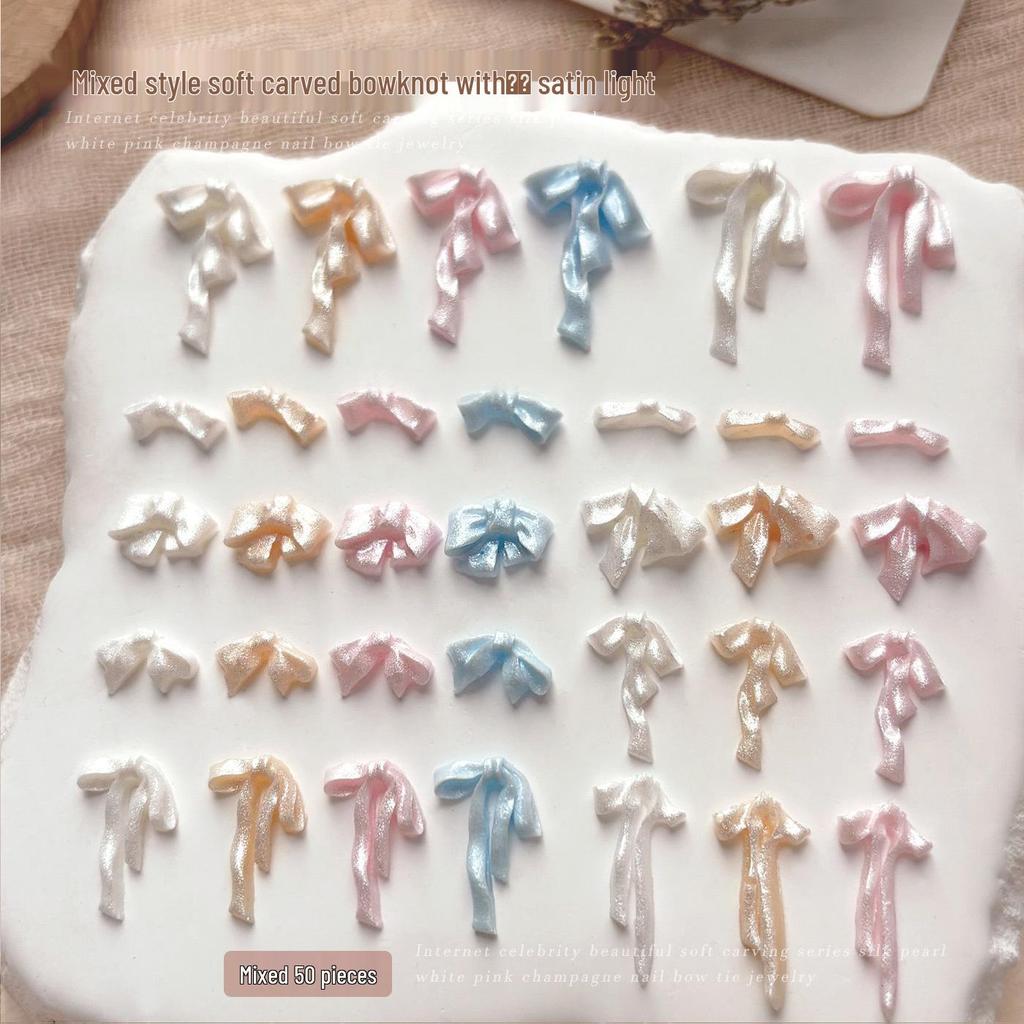 Pearlescent White & Pink Satin Ribbon Bow Nail Art Decorations Mixed Pack