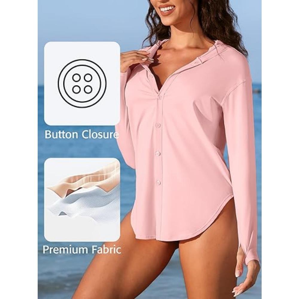 CHARMLEAKS Women Rash Guard UPF 50+ Sun Protection Clothing Button Down SPF Hoodie Beach Shirts