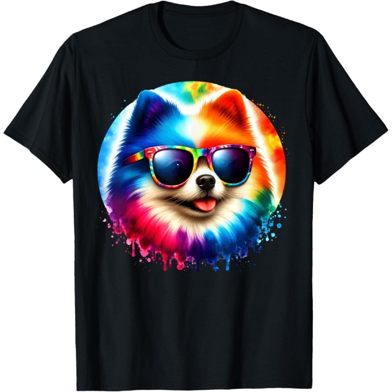 Cool Graphic Tie Dye Sunglasses Pomeranian Dog Illustration Men Women Kids T-Shirt S