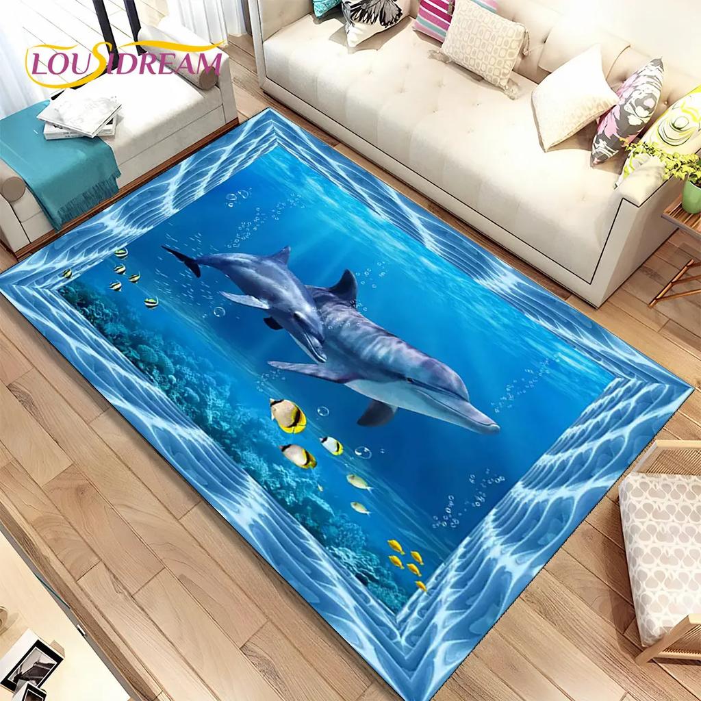 3D Illusion Seabed Underwater World Dolphin Shark Area Rug,Carpet Rug for Living Room Bedroom Sofa Doormat,Non-slip Floor Mat