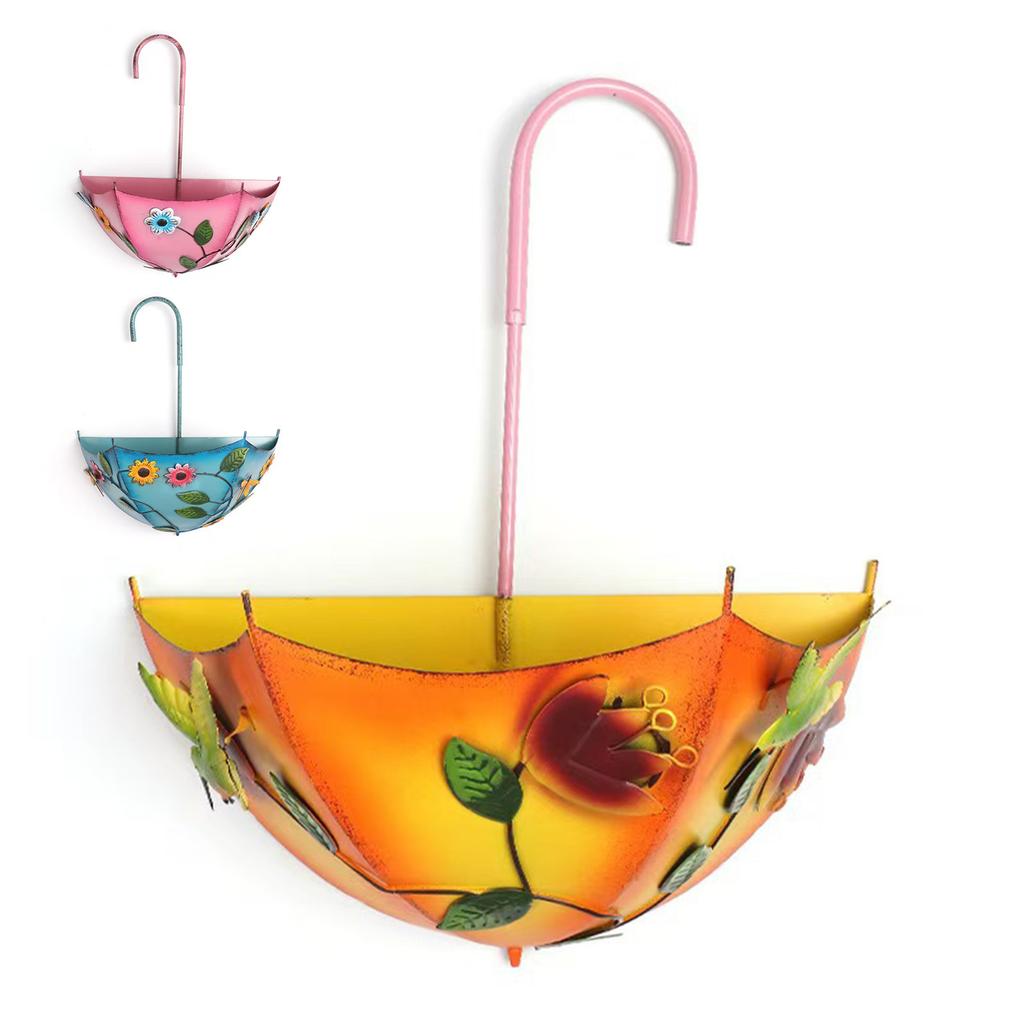 Metal Farmhouse Umbrella Shaped Wall Hanging Planter No-Drill Rustic Distressed Plant Pot with Drainage Holes for Outdoor Plants