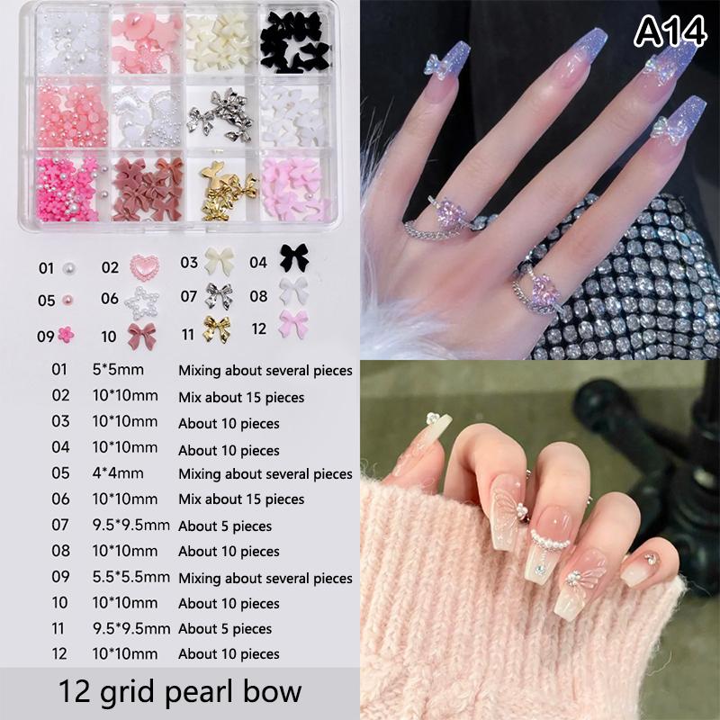 12 Grids 3D Nails Charms Mixed Special-Shaped Diamonds Flat Bottom Diamonds Pearl Sequins Butterfly Diy Manicure Parts