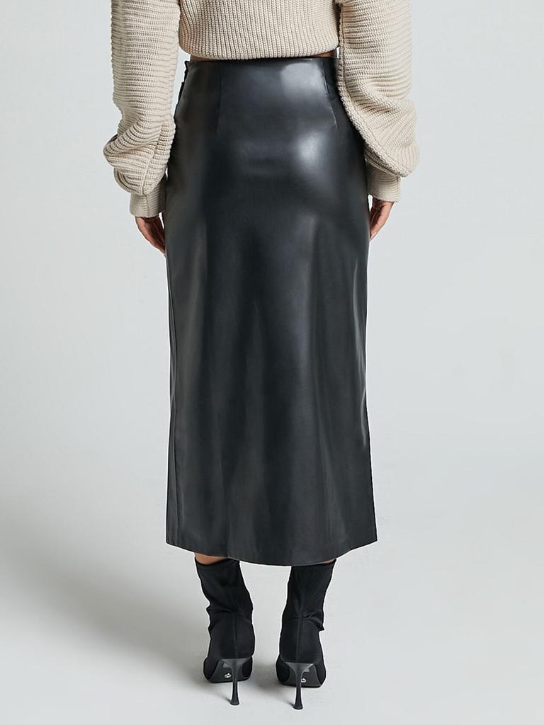 Autumn PU Pleated Skirt High Waist Zippered Half Body Skirt Slim Fit Bodycon Long Dress for Women