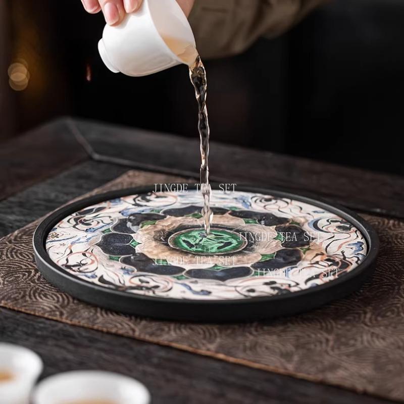 Dunhuang Mural Tea Tray Circular Chinese Style Dry Foam Trays Household Lotus Tea Tray Teaset Tray Tea Ceremony Accessories