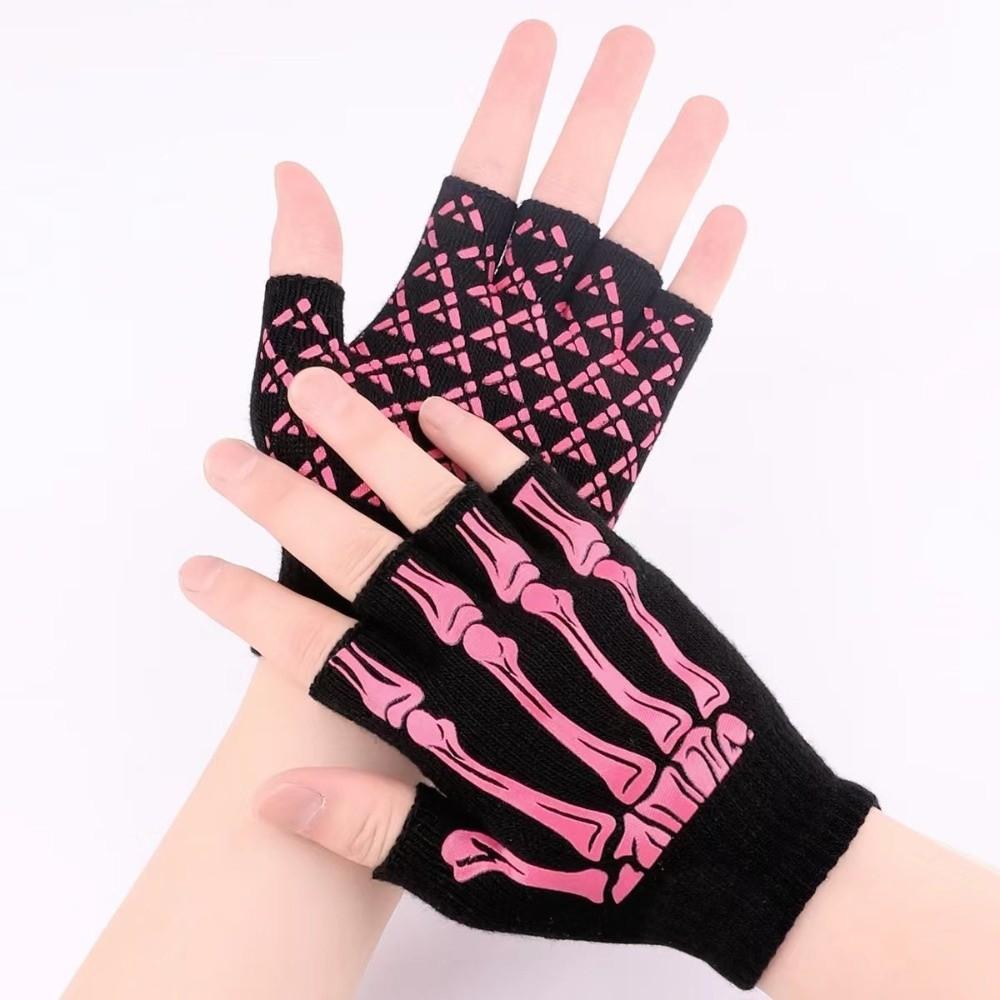 Stretch Punk Skeleton Gloves Black Skull Half Finger Gloves  Halloween Party