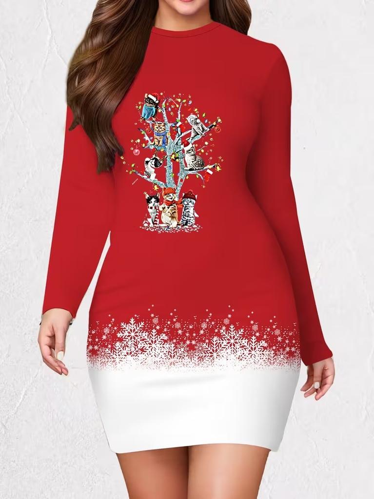 Women's Christmas Party Dress, New Year Holiday Dress, Women's Autumn Long Sleeved Round Neck Tight Mini Dress