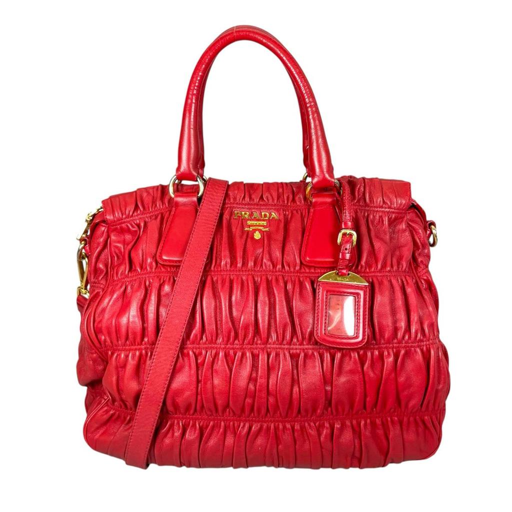 PRADA gathered Nappa Goful Tote Bag leather Red Women B2588L Used