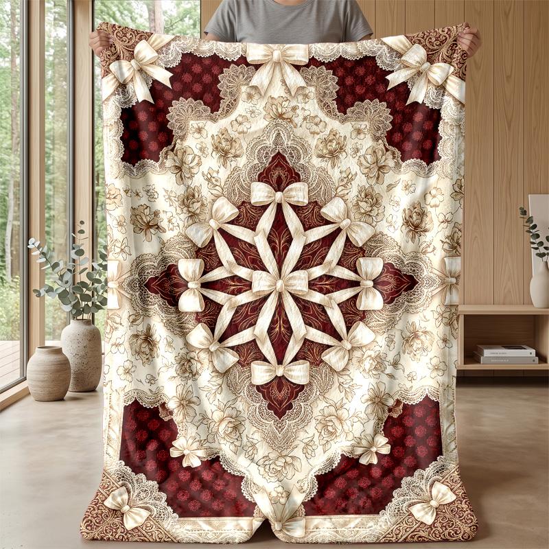 Ornate Bow Lace Pattern Theme blanket Lightweight Warm Flannel Blanket Decorative Throw Blanket for Home Decoration