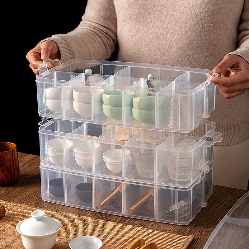Stackable Multi-Layer Tea Set Storage Box with Handle - Dustproof and Portable for Cups and Coffee Table