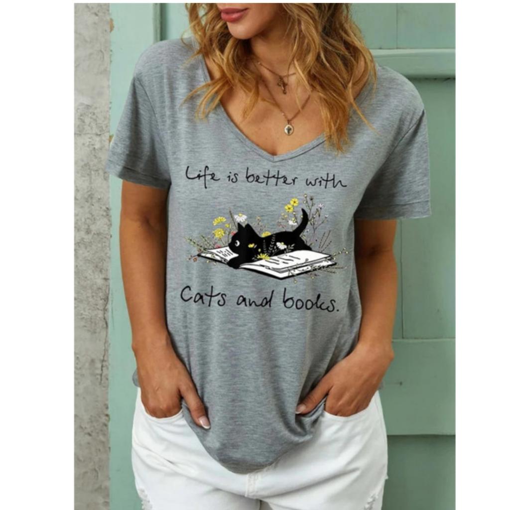 TShirt Women Summer Cute Cat Print V-Neck Sexy Polyester Harajuku Casual Pullover Cartoon Animals Female Streetwear Ladies Tops