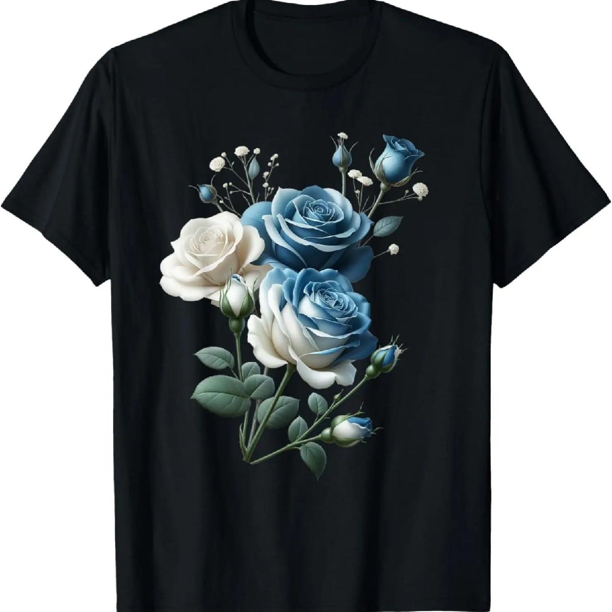 Красивая футболка с букетом синих и белых роз, цветущая, ботаническая XXXXXL разноцветный