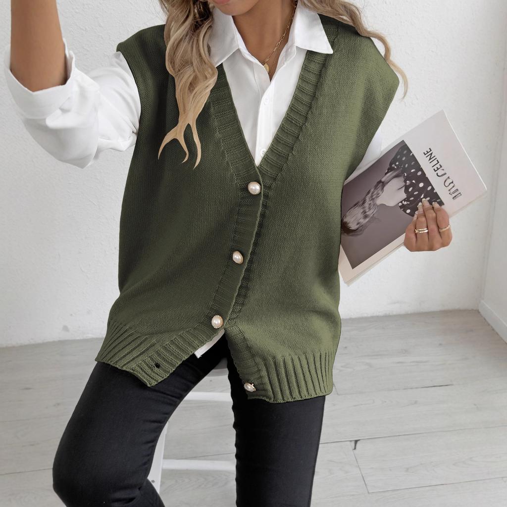 Women's Top, Autumn and Winter Vest, Pearl Buckle Loose Casual Cardigan, Sweater, Waistcoat