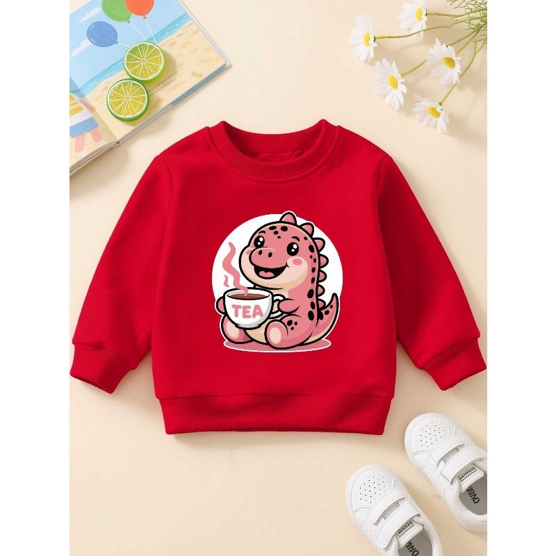 European sizes Cute Little Dinosaur Animal New Crewneck Sweatshirt | Casual Long-Sleeve Pullover with Slightly Stretchy Fabric, Perfect for Kids.