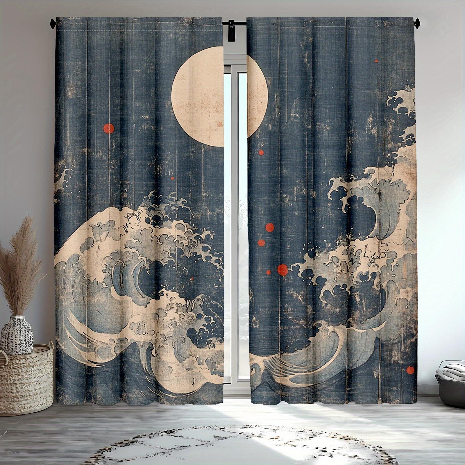 

Traditional Wave Moon Print Curtains Suitable Bedroom Living Room Decoration Curtain Polyester Machine Washable Perfect For Area W100*H70(CM)-Grommet top&1PCS