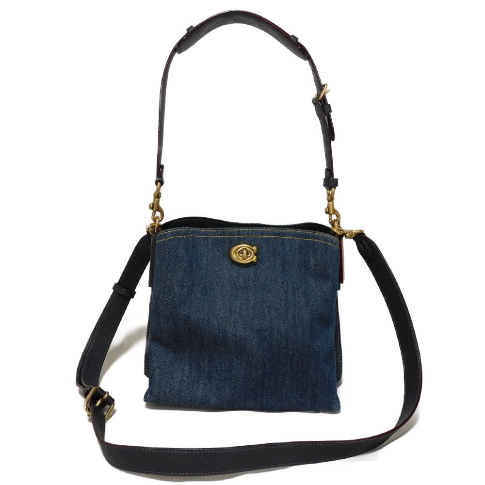 Used 9726 Willow Bucket Bag CA837 7921 C Mark Denim Pebble Calfskin 2-Way Crossbody Bag with C Logo Turn Lock, Blue,