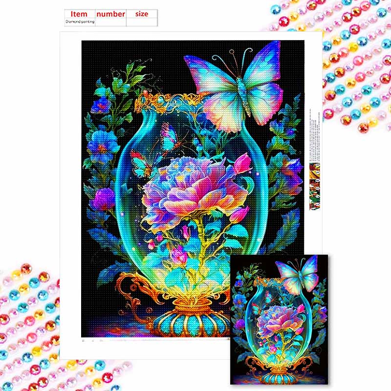 New Arrival 5D DIY Full Circle Diamond Painting "Glass Vase Butterfly" Embroidery Cross Stitch Home Decor Gift